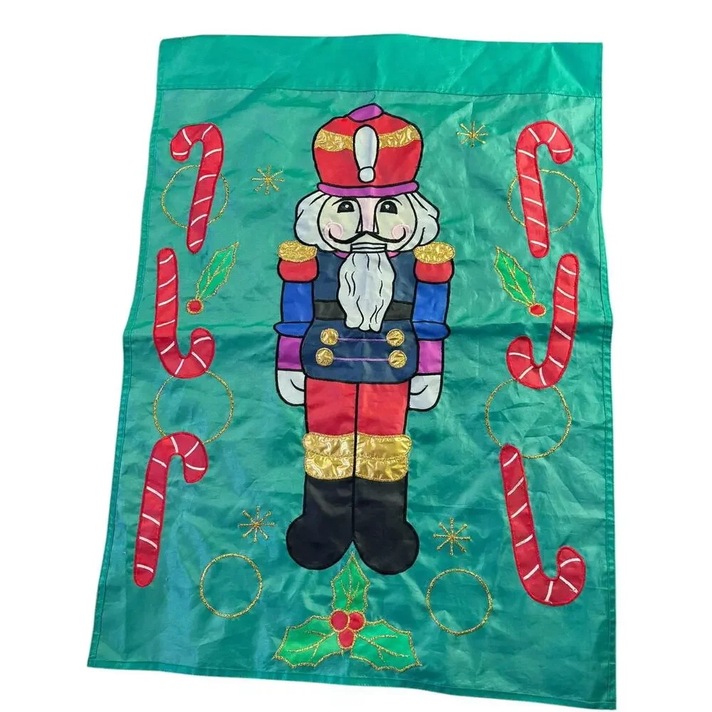Vtg Applique Christmas Holiday Yard‎ Flag Double Sided Nutcracker Candy Cane